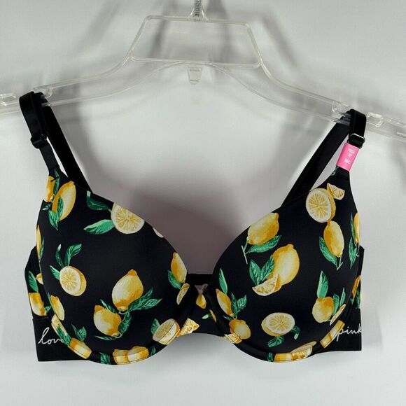 PINK Victoria's Secret wear everywhere push up Bra Black with Lemons Size 36C N - Picture 2 of 9